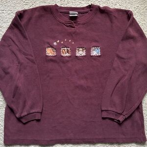 Vintage Disney Store Winnie the Pooh Embroidered Sweatshirt Henley Red Purple